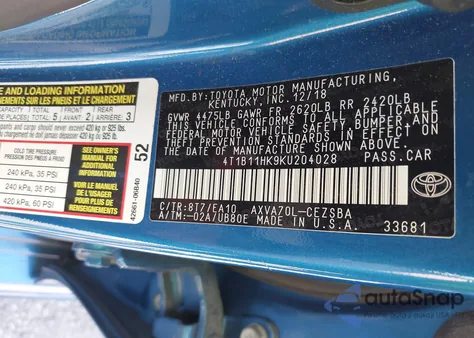 2019 Toyota Camry Se из США, поврежденный, VIN 4T1B11HK9KU204028